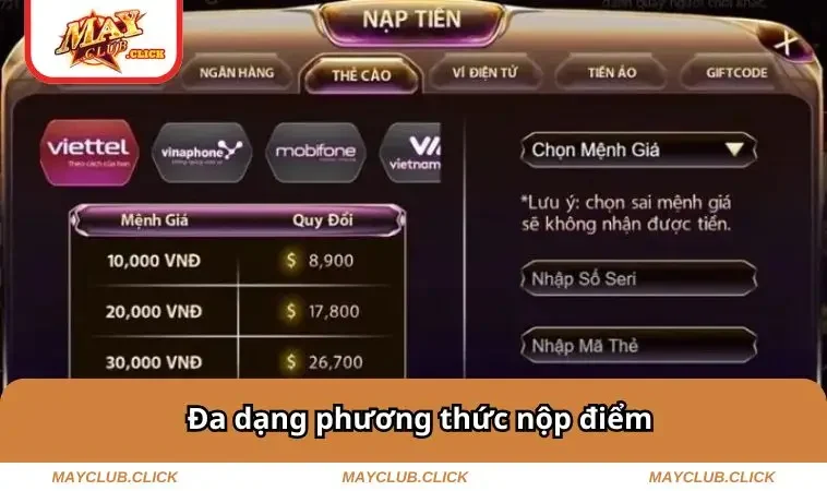 Nạp Tiền MAYCLUB 1 Đa dạng phương thức nộp điểm